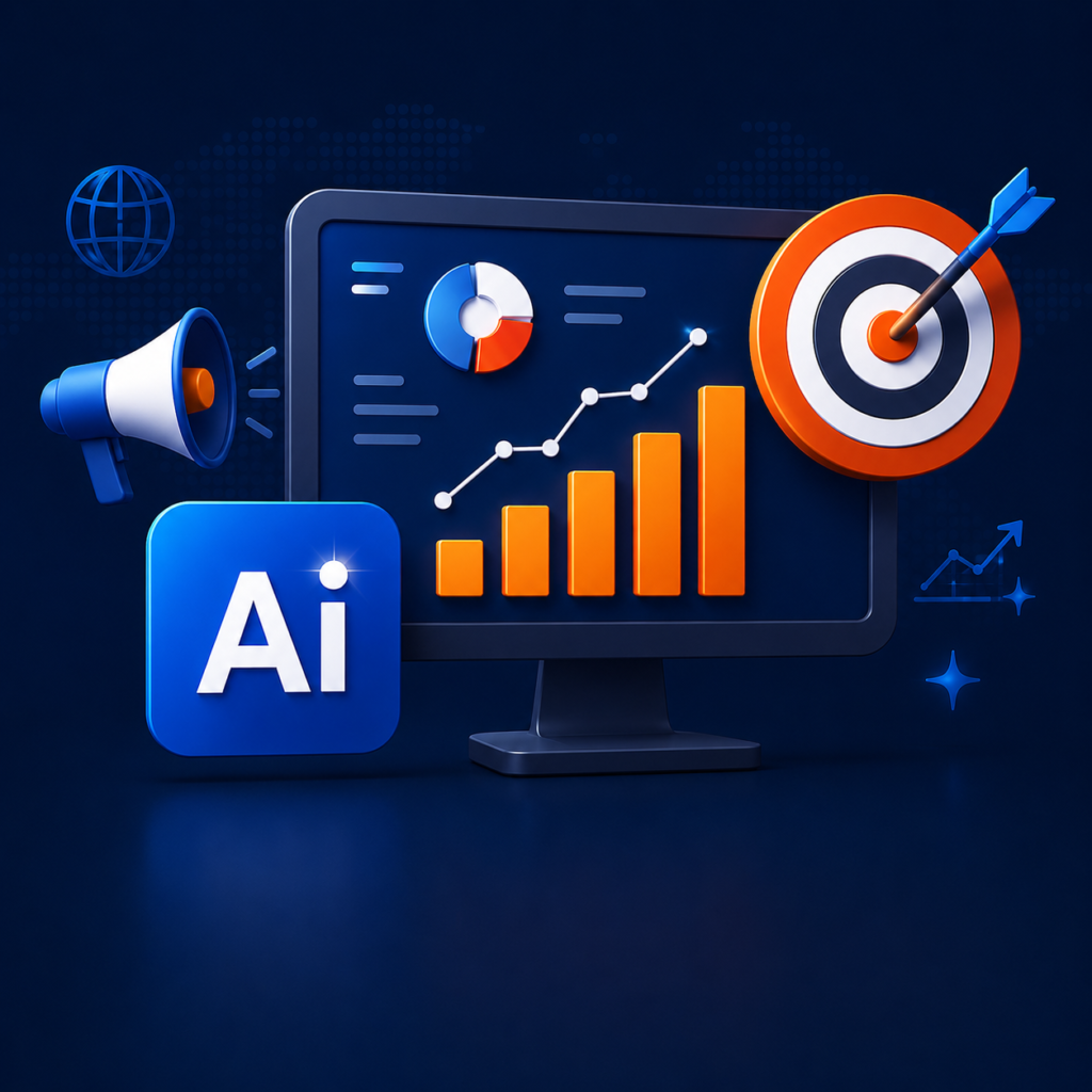 AI Powered Digital Marketing illustration with analytics dashboard, AI icon, growth chart and target marketing concept