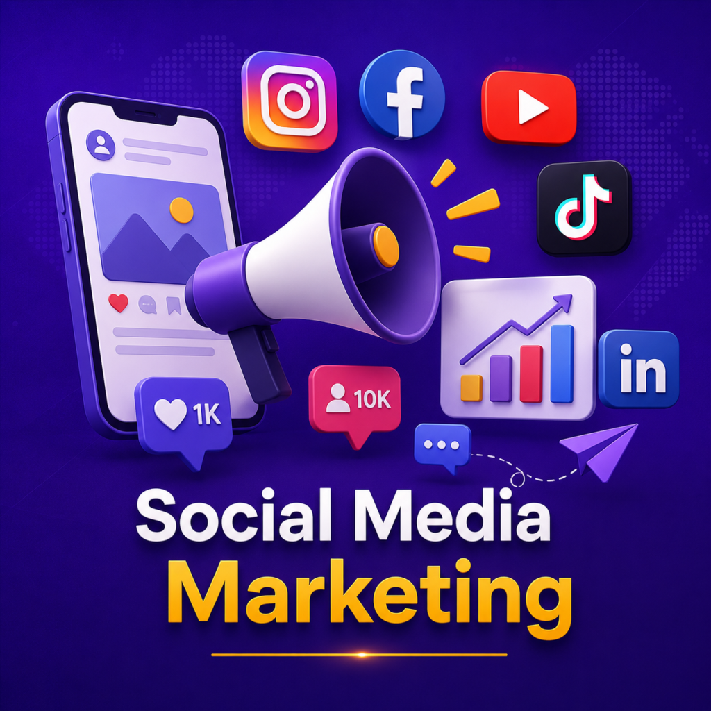 Social Media Marketing illustration with smartphone, megaphone, social media icons, engagement notifications and analytics dashboard