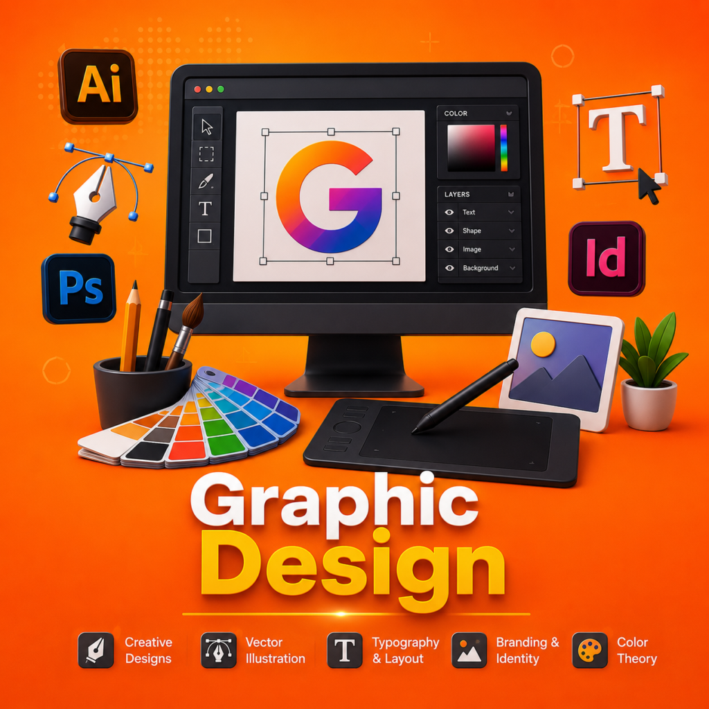 Graphic Design illustration featuring design software, drawing tablet, color palette, typography tools and creative workspace