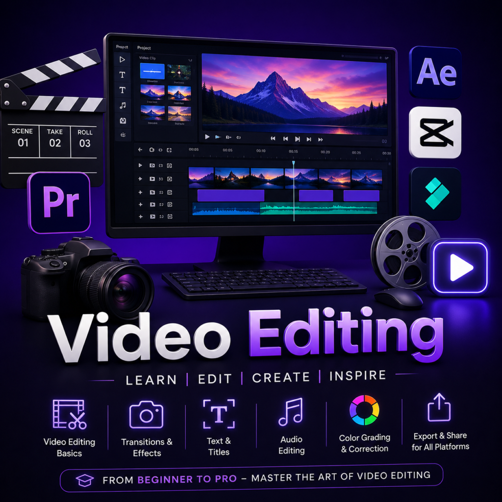 Video Editing illustration featuring video editing timeline, camera, clapperboard, film reel and professional editing software interface