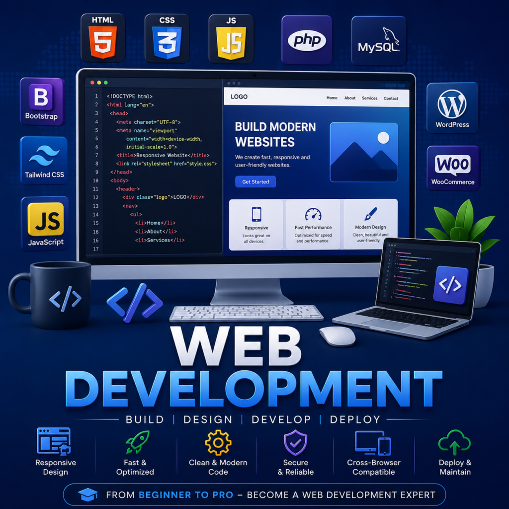 Web Development illustration featuring coding screen, website layout, WordPress, HTML, CSS, JavaScript and responsive web design elements