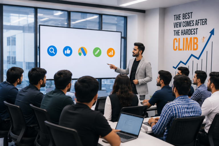Digital marketing trainer teaching students in a modern classroom with live practical training and AI marketing tools.