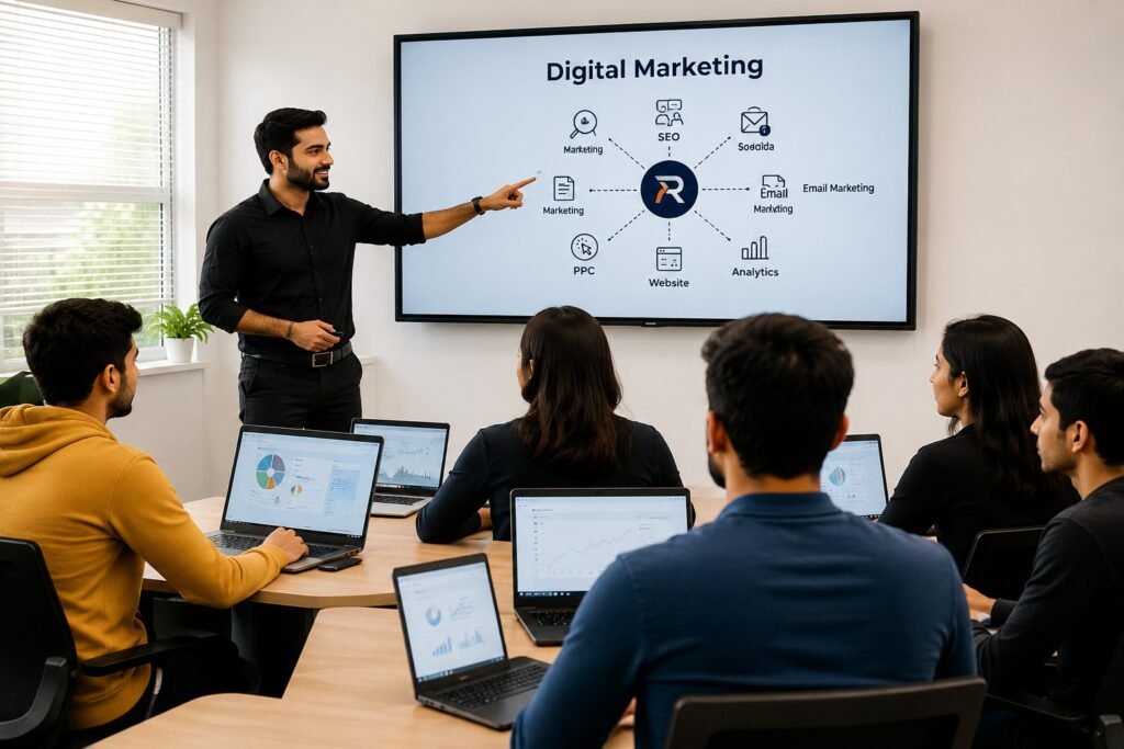 Digital marketing trainer explaining online marketing concepts to students during a practical classroom session at Reflect Institute.