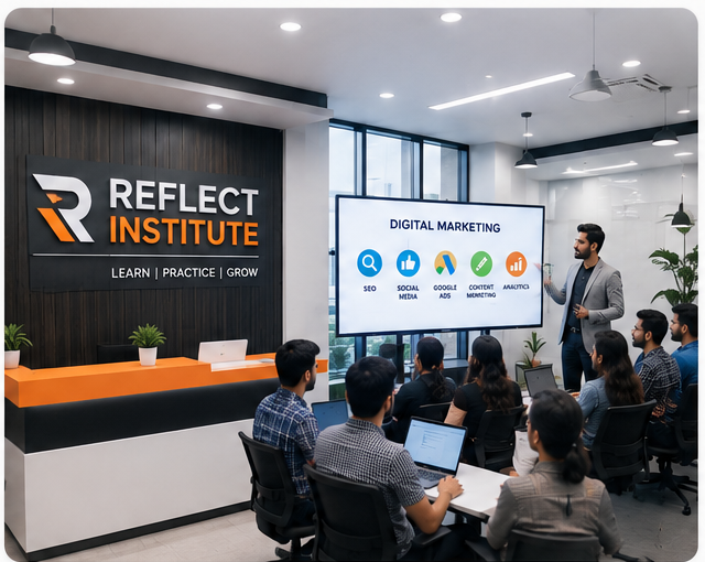 Reflect Institute classroom where students are learning AI-powered digital marketing through practical training and live sessions.